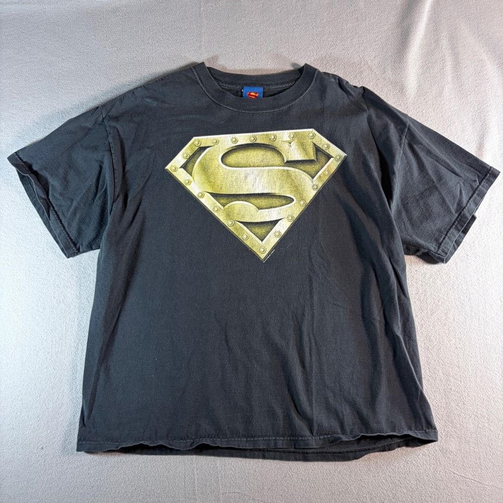 Vintage 1996 Superman DC Comics Graphic T-Shirt Mens XL Black Gold Shield Logo